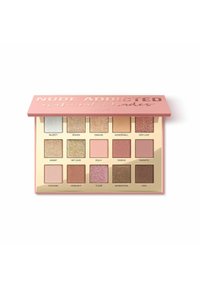 Palette di ombretti Nude Addicted con 12 tonalità, comprese quelle metallizzate e opache. Presenta un esterno rosa e accenti dorati. Design compatto.