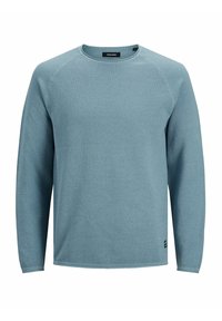 Pull bleu clair à manches longues avec un tissu texturé, col rond et manches raglan. Présente un petit logo près de l'ourlet.