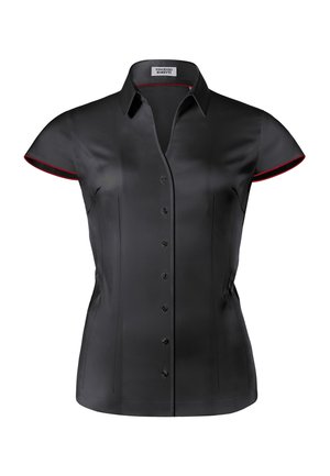 Black short-sleeve blouse in satin fabric with a fitted cut, featuring a button-down front, decorative red accents on sleeves, and a pointed collar.
