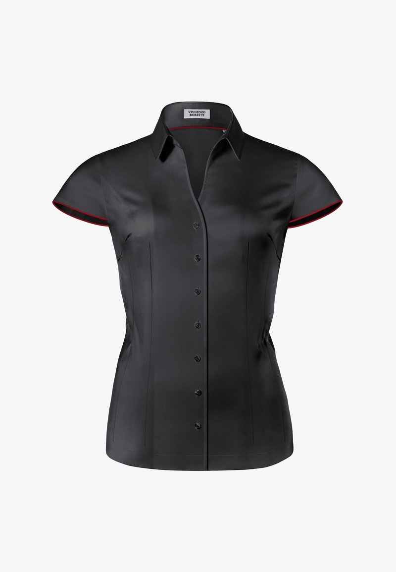 Schwarze kurzärmelige Bluse aus Satin mit taillierter Passform, mit Knopfleiste vorne, dekorativen roten Akzenten an den Ärmeln und einem spitzen Kragen.