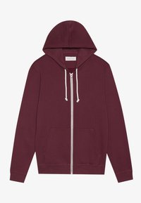 Bordo zip-up hoodie izrađen od pamuka, s prednjim džepom, vezicama i rebrastim rukavima. Glatka tekstura i ležeran dizajn.