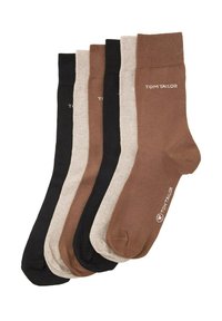 Baumwollsocken-Set in Schwarz, Beige und zwei Brauntönen. Mit geripptem Bund und dem „TOM TAILOR“-Logo, das in der Nähe des Knöchels aufgedruckt ist.
