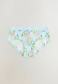 Mutande da donna azzurro chiaro con un motivo giocoso di avocado. Tessuto morbido, vita elastica e accenti colorati nel design.
