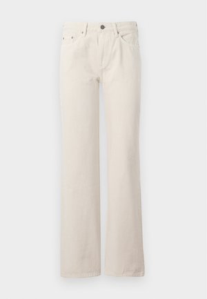 Beige wide-leg jeans made of cotton, featuring front pockets, a zip fly, and a subtle textured finish. Classic design with a relaxed fit.