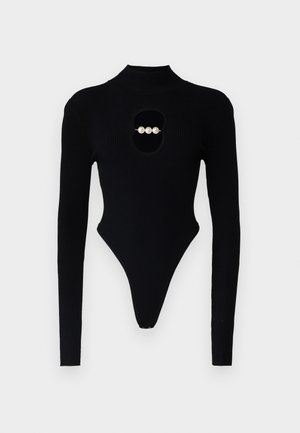 Black ribbed bodysuit with long sleeves, featuring a high neckline and an oval cutout adorned with three white pearls.