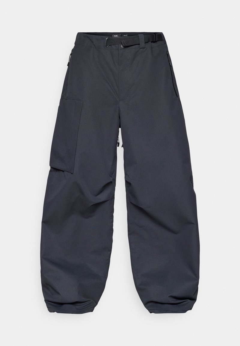 Dark gray cargo pants made of a soft, durable material. They feature a wide, loose fit, multiple pockets, and a waist belt for adjustment.