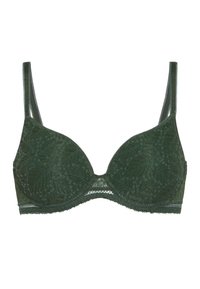 Lace bra in deep green with a floral pattern, featuring adjustable mesh straps and a smooth underband. Structured shape with padding.