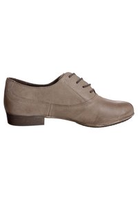 Chaussures en cuir brun clair avec une texture lisse, bout rond, talon bas et détails de laçage. Design simple sans motifs ou accents visibles.