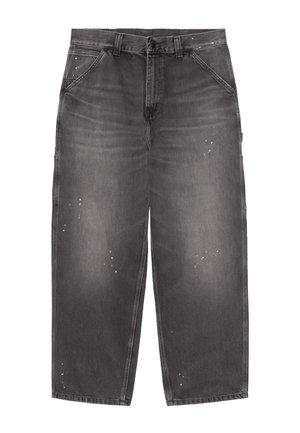 Pantaloni in denim grigio scuro con vestibilità comoda, tasche anteriori, passanti per cintura e sottili schizzi di vernice bianca.