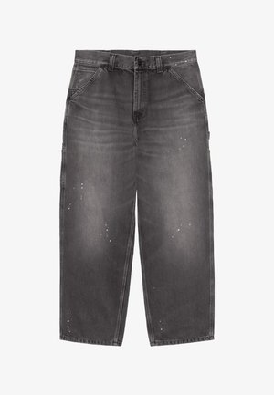Donkergrijze denim broek met een ontspannen pasvorm, voorzakken, riemlussen en subtiele witte verfsprenkels.