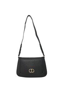 Borsa a tracolla nera in pelle sintetica con forma rettangolare, tracolla intrecciata e hardware color oro con logo sulla parte anteriore.