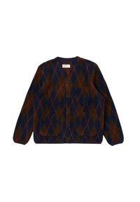 Cardigan marrone e blu con un motivo a rombi, dotato di chiusura a bottoni, scollo tondo e due tasche frontali, dal tessuto morbido.