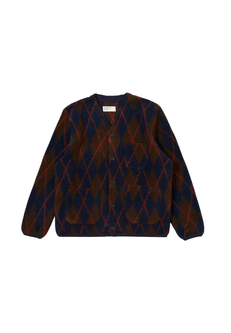 Cardigan marrone e blu con un motivo a rombi, dotato di chiusura a bottoni, scollo tondo e due tasche frontali, dal tessuto morbido.