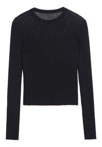 Schwarzer, gerippter Pullover mit langen Ärmeln, Rundhalsausschnitt und körperbetonter Form. Die Textur ist leicht durchscheinend und zeigt ein dezentes Strickmuster.