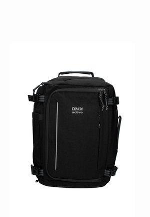 Black rectangular backpack with multiple zippered compartments, side straps, top handle, and "Coveri active" logo on front pocket.