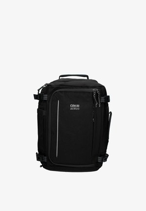 Black rectangular backpack with multiple zippered compartments, side straps, top handle, and "Coveri active" logo on front pocket.