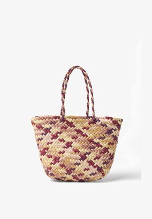 Geweven draagtas met gevlochten handvatten, met een meerkleurig patroon in natuurlijke, roze, paarse en bordeauxrode tinten.