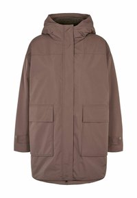 Manteau d’hiver marron à capuche avec poches avant à rabat, manches longues et col montant, conçu pour le temps froid.
