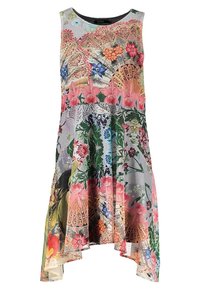 Ärmelloses Kleid mit Blumenmuster, das eine Mischung aus lebendigen Farben, fließendem Stoff, einem hohen und niedrigen Saum und aufwendigen Spitzenverzierungen an der Brust bietet.