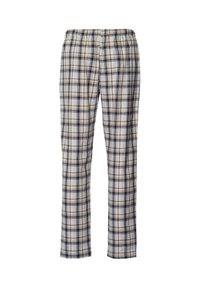 Geruite pyjamabroek in crème, marineblauw en lichtbruin. Heeft een elastische tailleband en rechte pijpen met een zachte textuur.