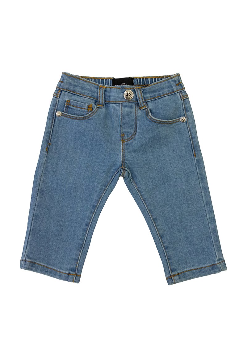 Jasnoniebieskie dżinsy o prostym kroju, z dwoma przednimi kieszeniami, akcentami szycia oraz dekoracyjnymi detalami w postaci guzików.