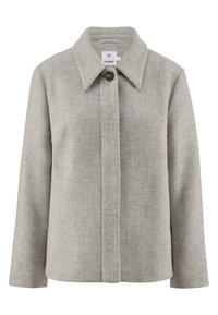 Grau melierte Wollmischjacke mit Kragen, Ein-Knopf-Verschluss und gerade geschnittenen Ärmeln. Weiche Textur, minimalistisches Design.