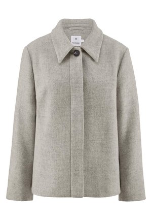 Grau melierte Wollmischjacke mit Kragen, Ein-Knopf-Verschluss und gerade geschnittenen Ärmeln. Weiche Textur, minimalistisches Design.