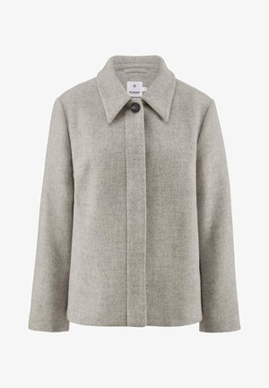 Grau melierte Wollmischjacke mit Kragen, Ein-Knopf-Verschluss und gerade geschnittenen Ärmeln. Weiche Textur, minimalistisches Design.