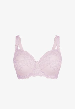 Reggiseno in pizzo rosa chiaro con motivi floreali, coppe morbide, spalline regolabili e un piccolo fiocchetto centrale. Il tessuto testurizzato aggiunge un dettaglio sottile.