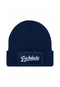 Navy knitted beanie with a folded cuff, featuring a rectangular patch with the "Frechdachs" logo in white script. Soft texture.