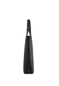 Borsa nera in pelle con stampa a coccodrillo, dal design affusolato e due manici piatti, caratterizzata da una texture elegante e una struttura minimalista.