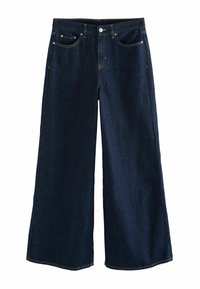 Weite, dunkelblaue Denim-Jeans aus robustem Stoff. Mit Fronttaschen, Knopfverschluss und Stichdetails rund um die Taille.