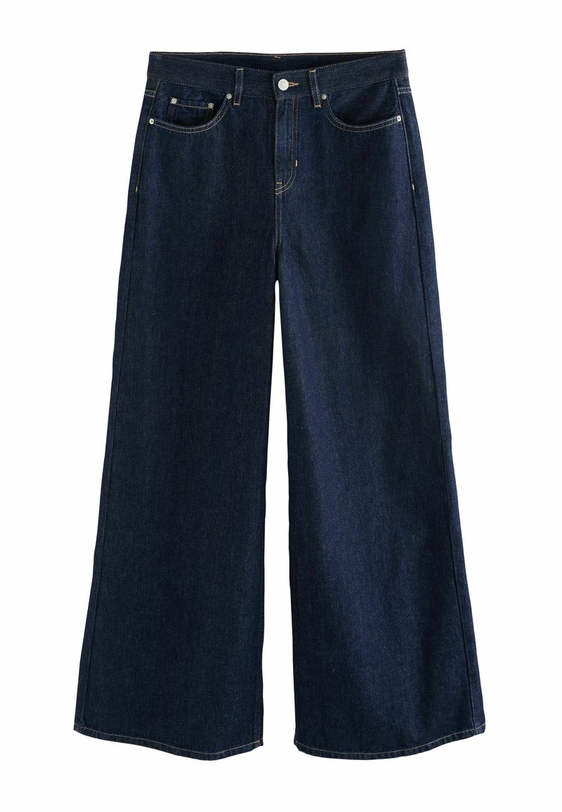 Weite, dunkelblaue Denim-Jeans aus robustem Stoff. Mit Fronttaschen, Knopfverschluss und Stichdetails rund um die Taille.