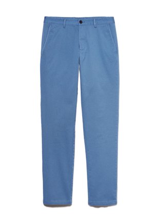 Light blue men's casual trousers with button and zip closure, belt loops, and side pockets, displayed flat on a white background.