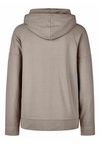 Beżowa bluza z kapturem na troczki, długimi rękawami i luźnym krojem. Wykonana z miękkiego materiału, o gładkiej fakturze i ściągaczach przy mankietach.