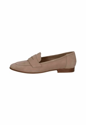Beige suede loafer with a rounded toe, featuring a decorative strap across the front and a low wooden heel. Smooth texture, minimal design.