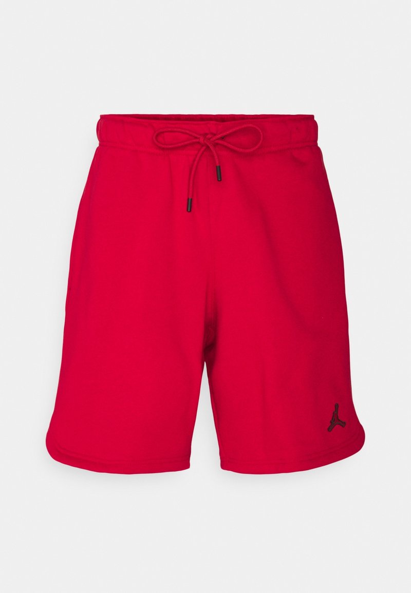 Shorts rouges en coton avec une taille élastique et un cordon de serrage. Présente un logo noir sur le côté inférieur gauche. Texture lisse et longueur mi-cuisse.