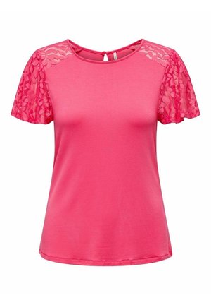 Pink short-sleeve top with lace sleeves and yoke, round neckline, and keyhole button closure at the back.