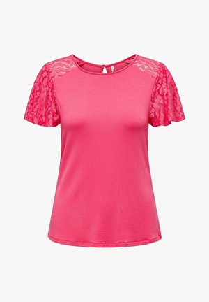 Pink short-sleeve top with lace sleeves and yoke, round neckline, and keyhole button closure at the back.