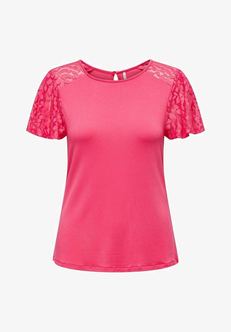 Top rosa a maniche corte con maniche in pizzo e sottogola, scollatura rotonda e chiusura a bottone con apertura a chiave sul retro.