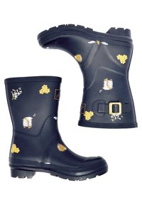 Bottes de pluie en caoutchouc noir avec motifs floraux et d'abeilles, design moulé, semelles texturées et accent de boucle dorée sur le côté.