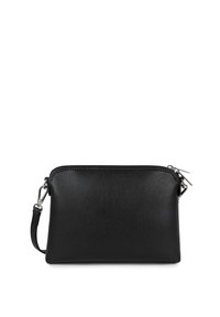 Pochette in pelle nera con finitura testurizzata, chiusura a zip e tracolla removibile. Presenta dettagli in metallo argentato. Forma rettangolare.