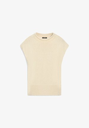 Kremowy dziany bezrękawnik z prążkowanym dołem i okrągłym dekoltem, rozłożony na płasko na białym tle.