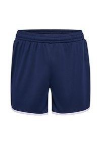 Granatowe sportowe szorty z elastycznym pasem i białym obszyciem wzdłuż dolnych krawędzi, zaprojektowane do sportu lub noszenia na co dzień.