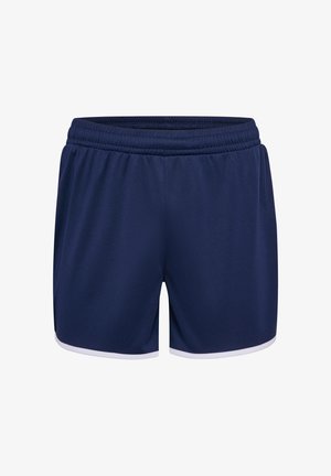 Granatowe sportowe szorty z elastycznym pasem i białym obszyciem wzdłuż dolnych krawędzi, zaprojektowane do sportu lub noszenia na co dzień.