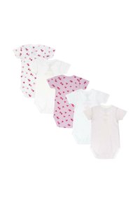 Cinq bodies pour bébés de couleurs variées : deux blancs, un rose pâle avec des cœurs, un rose clair avec des cœurs, et un rayé en rose et blanc.