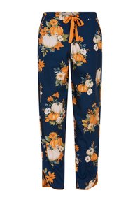 Floral loungebroeken in marineblauwe stof met oranje pompoenen en witte bloemen, voorzien van een elastieken tailleband en een trekkoordsluiting.