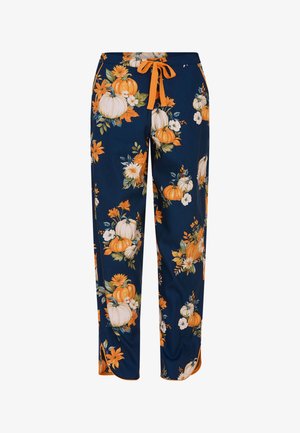 Floral loungebroeken in marineblauwe stof met oranje pompoenen en witte bloemen, voorzien van een elastieken tailleband en een trekkoordsluiting.