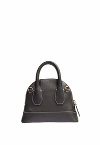 Sac à main en cuir noir avec une finition texturée, une forme arrondie, des poignées supérieures doubles, des accents en matériel doré et des coutures blanches contrastantes.