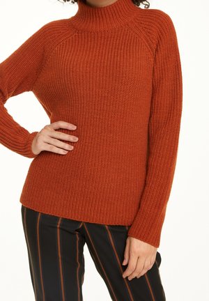 Personne portant un pull en maille couleur rouille avec un col haut et un pantalon noir à rayures verticales orange, main sur la hanche.